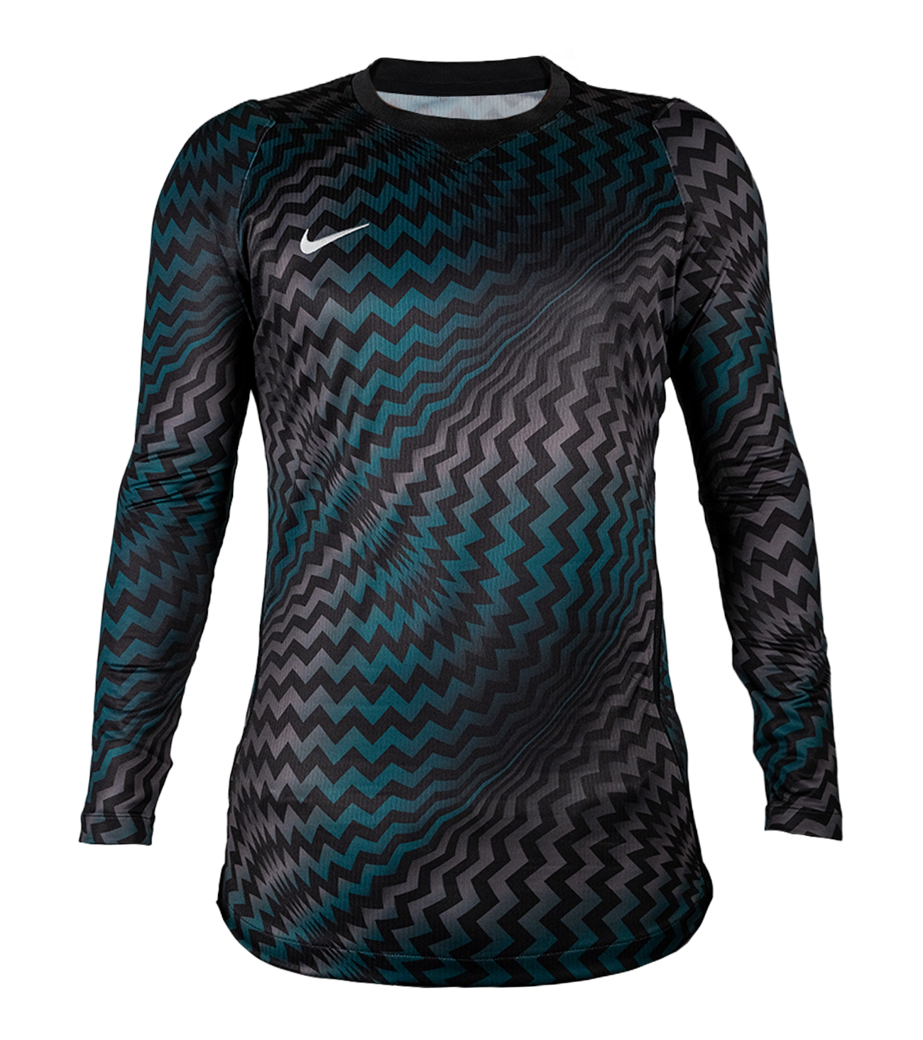 Jersey de portero Nike Gardien V Black, con material Dri-FIT transpirable, paneles de protección en codos, diseño ergonómico ajustado y estilo llamativo para entrenamientos y partidos.