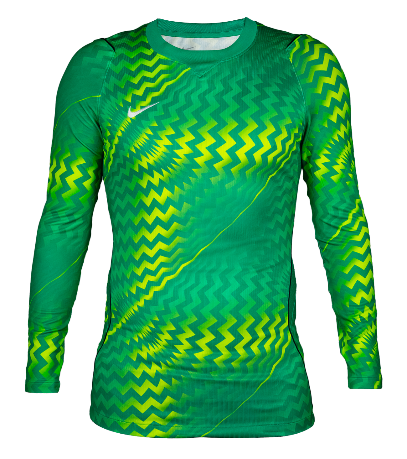 Jersey de portero Nike Gardien V verde con manga larga, corte ergonómico, tejido transpirable Dri-FIT, protección en codos y diseño llamativo para entrenamientos y partidos.