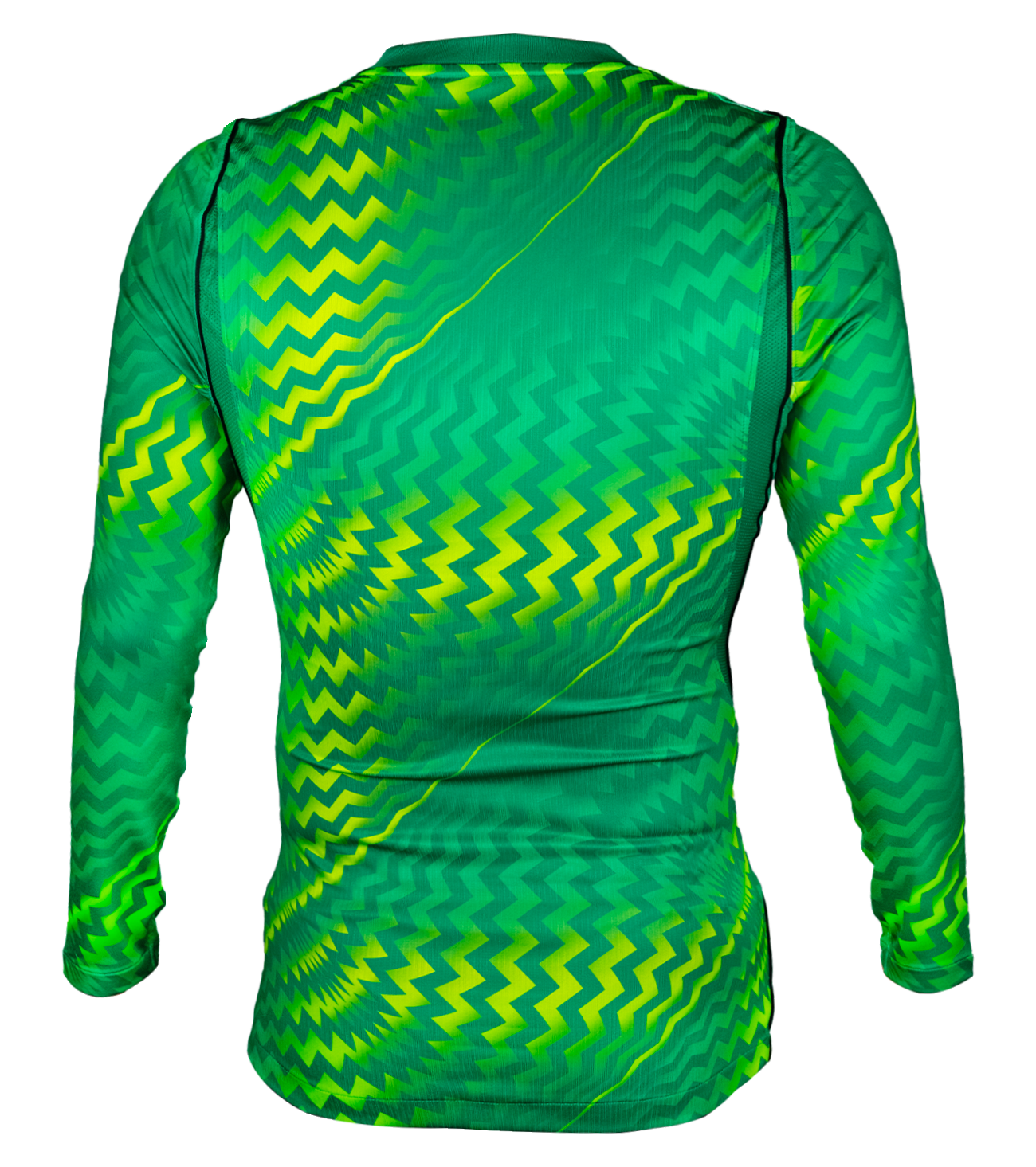 Jersey de portero Nike Gardien V verde con manga larga, corte ergonómico, tejido transpirable Dri-FIT, protección en codos y diseño llamativo para entrenamientos y partidos.