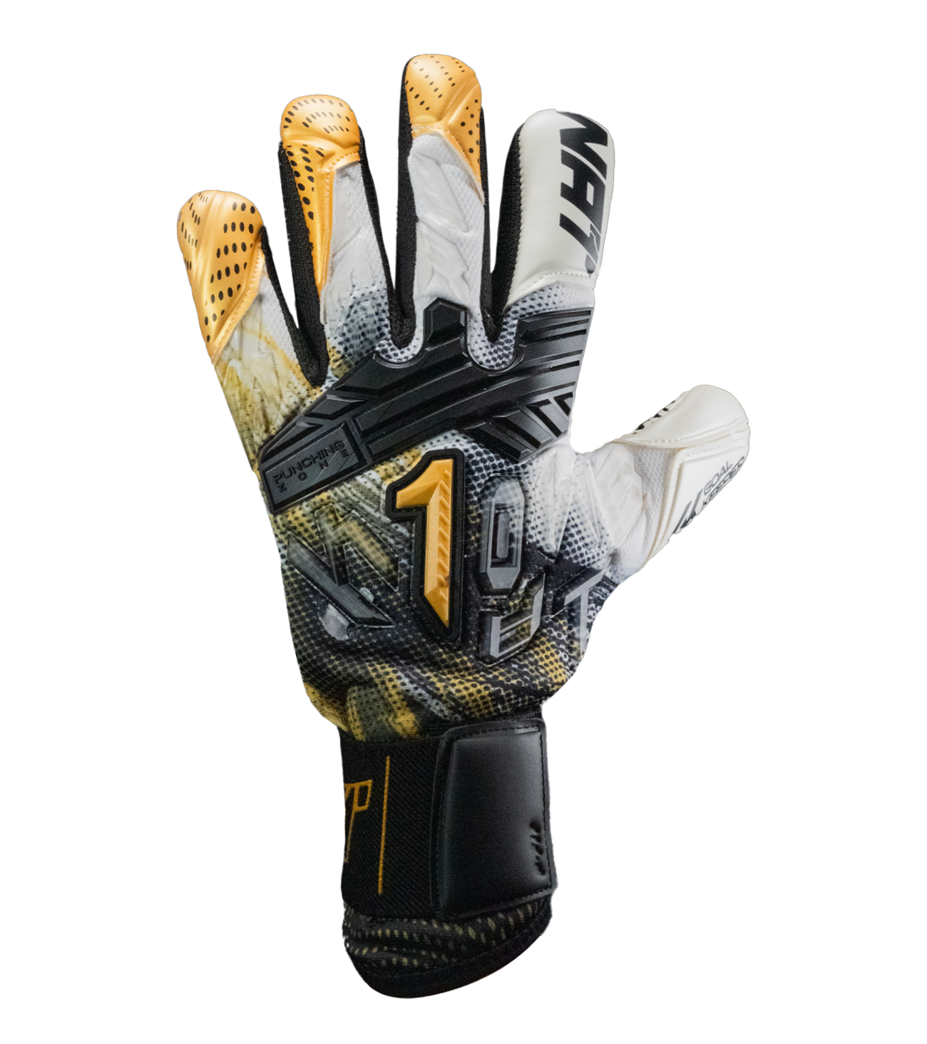 Oro con palma SGR (Super Grip Super Resistance) Ready to Play que ofrece excelente agarre desde el primer uso y una durabilidad hasta 7 veces mayor que un látex convencional, corte negativo para ajuste técnico y máxima sensación de control del balón, dorso textil transpirable con refuerzos de látex sintético y sistema de cierre elástico que brinda comodidad, estabilidad y seguridad en cada atajada.