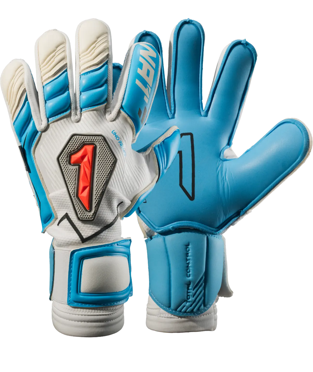 Guantes de portero Rinat Uno Premier Pro Azul/Blanco, corte clásico, vista frontal