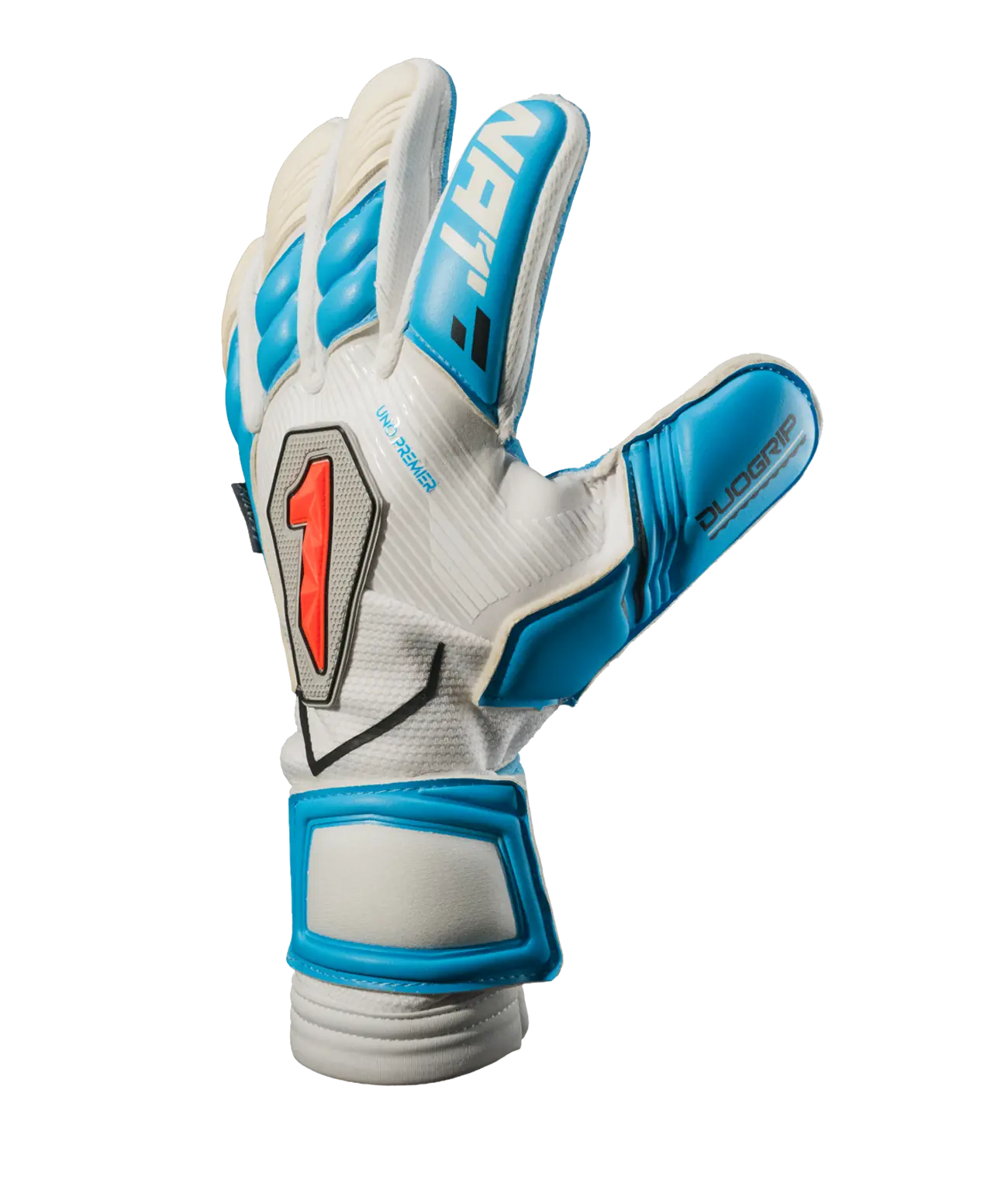Guantes de portero Rinat Uno Premier Pro azul/blanco — vista lateral | UnoKeeper