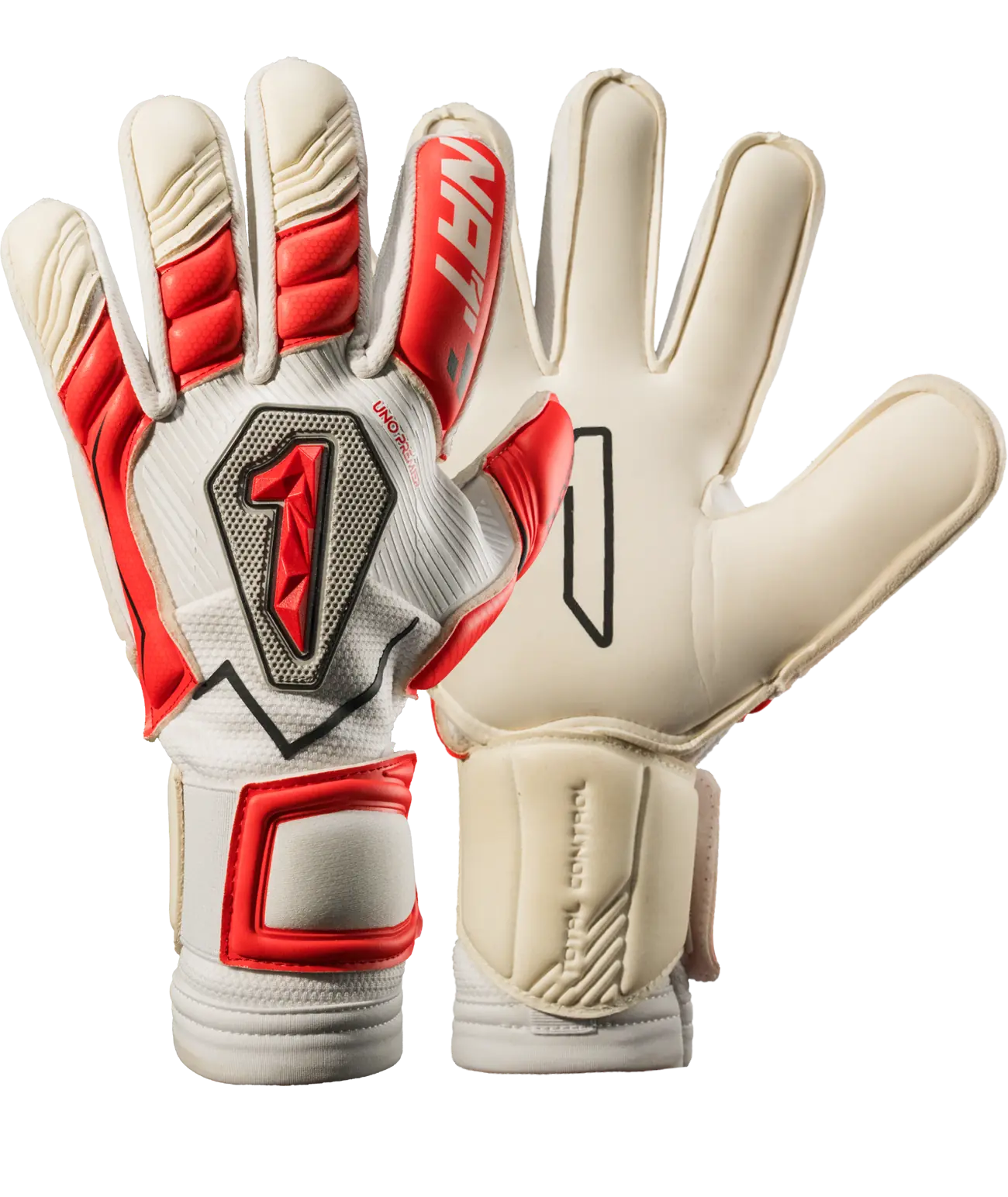 Guantes de portero Rinat Uno Premier Pro Rojo/Blanco, corte clásico, vista frontal