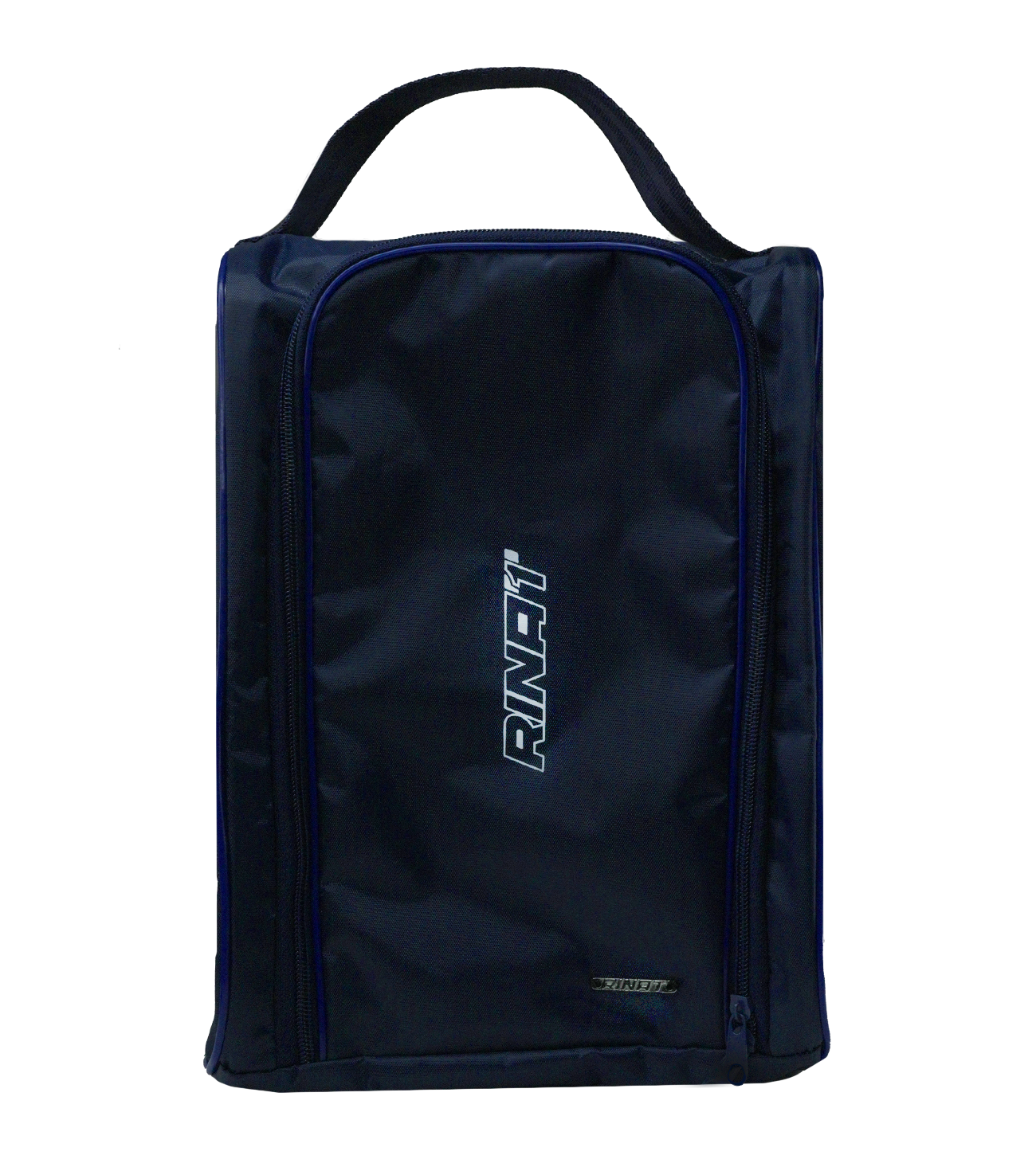 Zapatera Rinat negra, azul y gris para porteros y futbolistas; bolsa deportiva compacta, resistente y ligera, con compartimento principal espacioso para botas, ropa y accesorios, bolsillo interior para objetos pequeños, construcción durable que protege guantes y calzado, cierres resistentes de alta calidad, transporte ergonómico cómodo, diseño moderno con logo Rinat, ideal para entrenamientos, partidos y organización eficiente del equipo, compatible con cualquier uniforme.