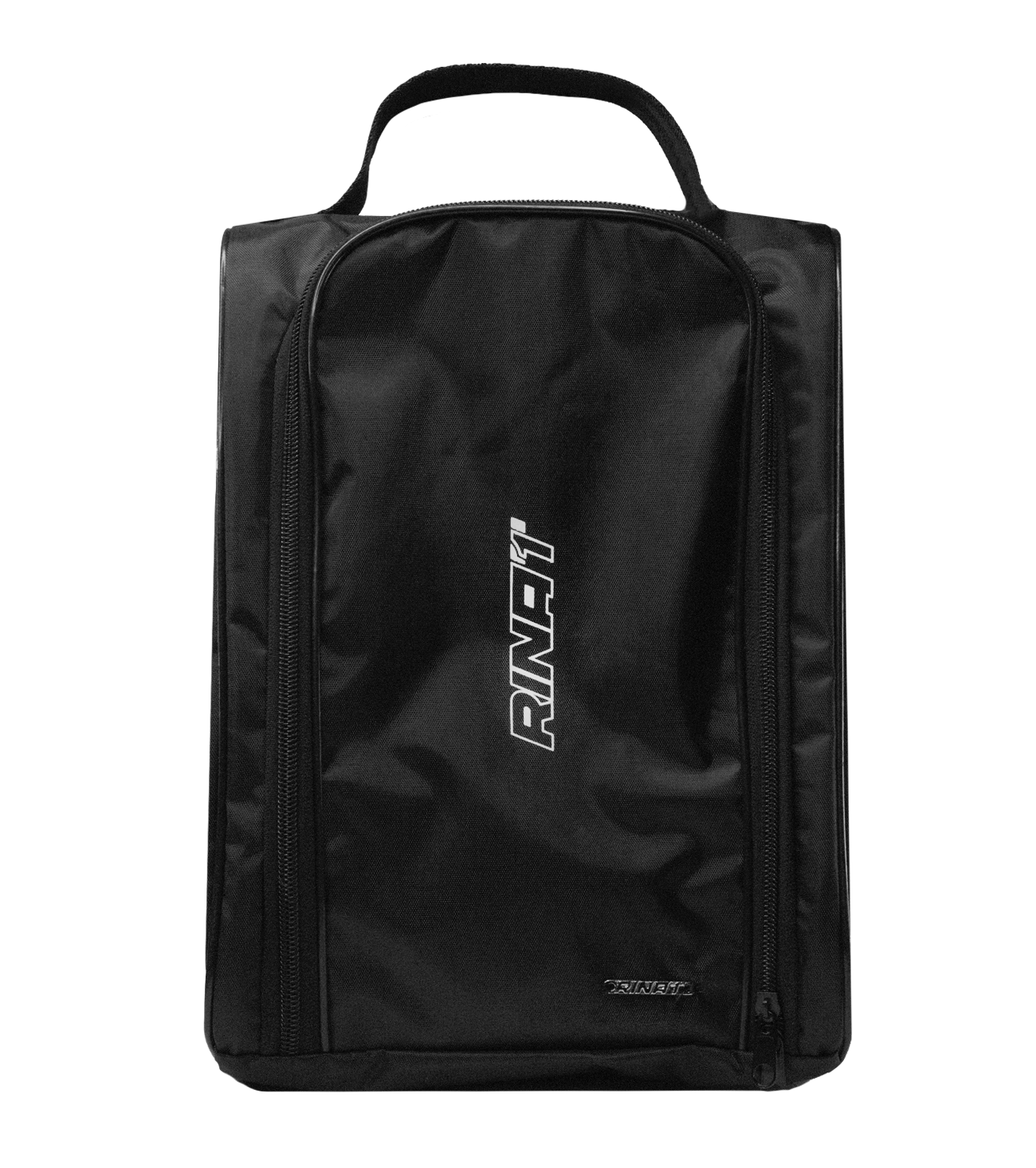 Zapatera Rinat negra, azul y gris para porteros y futbolistas; bolsa deportiva compacta, resistente y ligera, con compartimento principal espacioso para botas, ropa y accesorios, bolsillo interior para objetos pequeños, construcción durable que protege guantes y calzado, cierres resistentes de alta calidad, transporte ergonómico cómodo, diseño moderno con logo Rinat, ideal para entrenamientos, partidos y organización eficiente del equipo, compatible con cualquier uniforme.