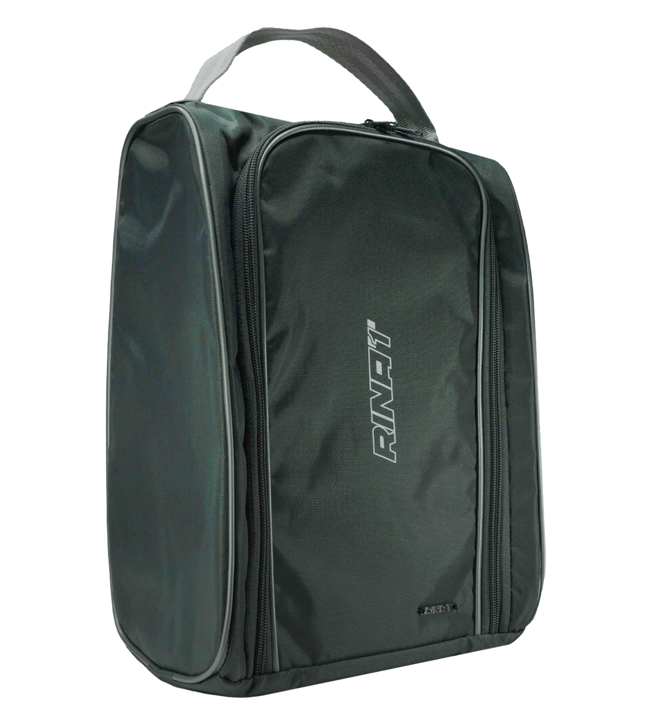 Zapatera Rinat negra, azul y gris para porteros y futbolistas; bolsa deportiva compacta, resistente y ligera, con compartimento principal espacioso para botas, ropa y accesorios, bolsillo interior para objetos pequeños, construcción durable que protege guantes y calzado, cierres resistentes de alta calidad, transporte ergonómico cómodo, diseño moderno con logo Rinat, ideal para entrenamientos, partidos y organización eficiente del equipo, compatible con cualquier uniforme.