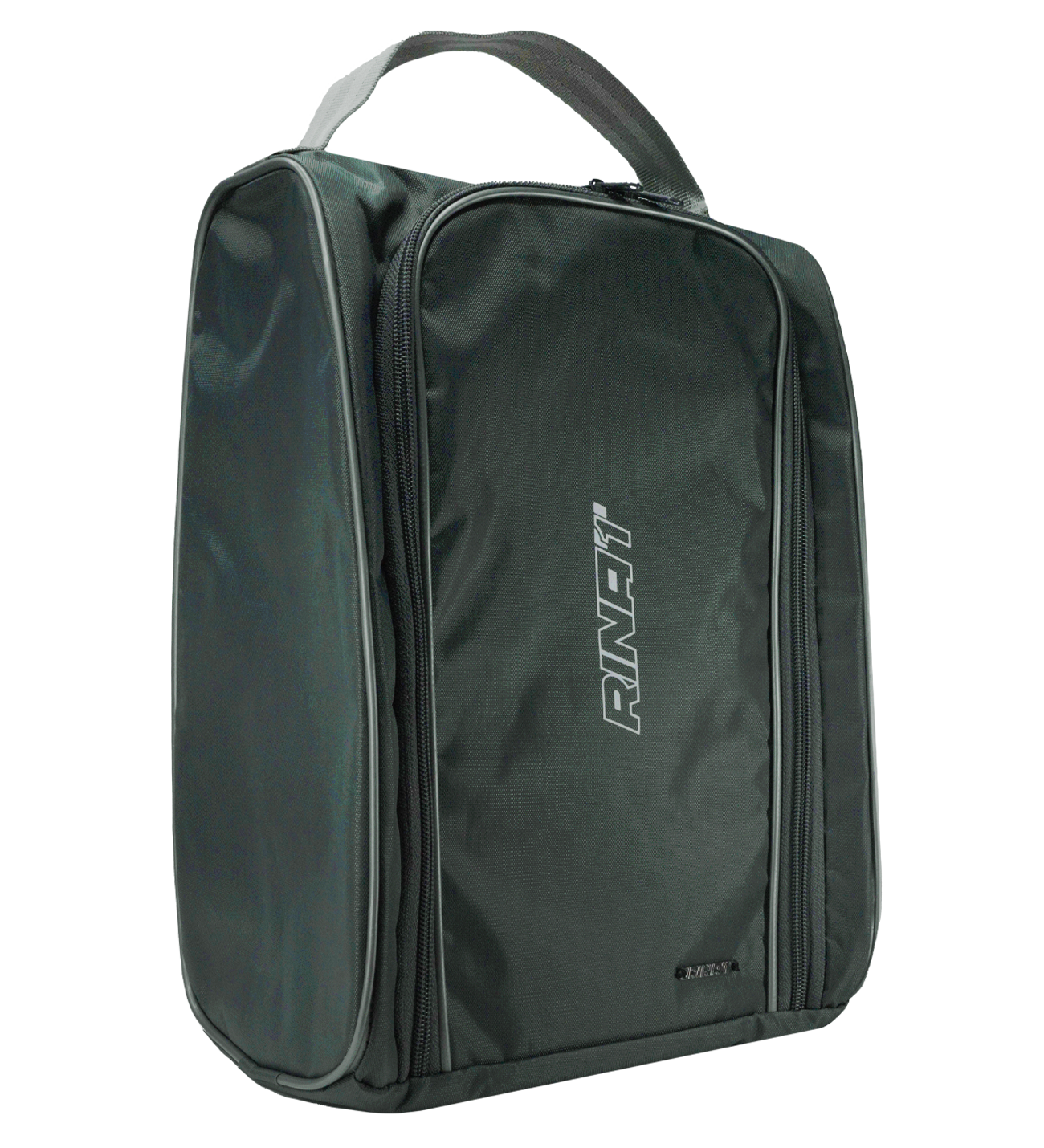 Zapatera Rinat negra, azul y gris para porteros y futbolistas; bolsa deportiva compacta, resistente y ligera, con compartimento principal espacioso para botas, ropa y accesorios, bolsillo interior para objetos pequeños, construcción durable que protege guantes y calzado, cierres resistentes de alta calidad, transporte ergonómico cómodo, diseño moderno con logo Rinat, ideal para entrenamientos, partidos y organización eficiente del equipo, compatible con cualquier uniforme.