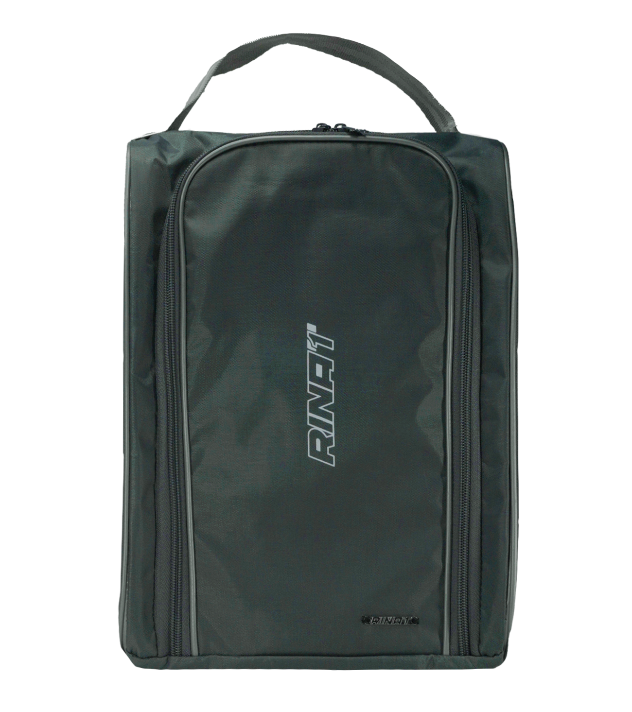 Zapatera Rinat negra, azul y gris para porteros y futbolistas; bolsa deportiva compacta, resistente y ligera, con compartimento principal espacioso para botas, ropa y accesorios, bolsillo interior para objetos pequeños, construcción durable que protege guantes y calzado, cierres resistentes de alta calidad, transporte ergonómico cómodo, diseño moderno con logo Rinat, ideal para entrenamientos, partidos y organización eficiente del equipo, compatible con cualquier uniforme.