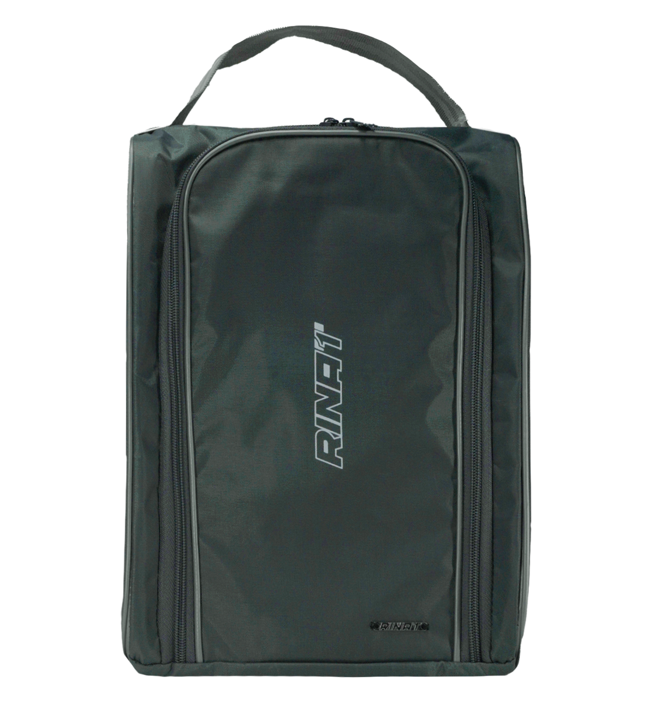 Zapatera Rinat negra, azul y gris para porteros y futbolistas; bolsa deportiva compacta, resistente y ligera, con compartimento principal espacioso para botas, ropa y accesorios, bolsillo interior para objetos pequeños, construcción durable que protege guantes y calzado, cierres resistentes de alta calidad, transporte ergonómico cómodo, diseño moderno con logo Rinat, ideal para entrenamientos, partidos y organización eficiente del equipo, compatible con cualquier uniforme.