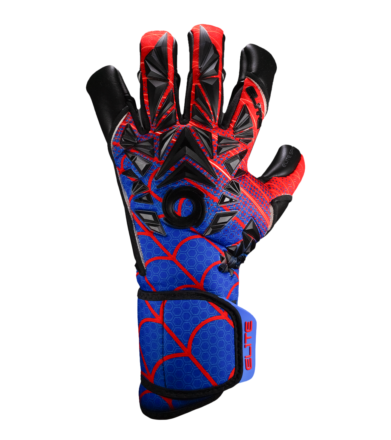 Guantes de portero de futbol Elite Sport SPIN, palma Centum+ de alto agarre, corte SpeedCut ajustado, dorso de neopreno con refuerzos, cierre elástico tipo segunda piel y diseño profesional para césped natural o sintético unokeeper azul y rojo spiderman.