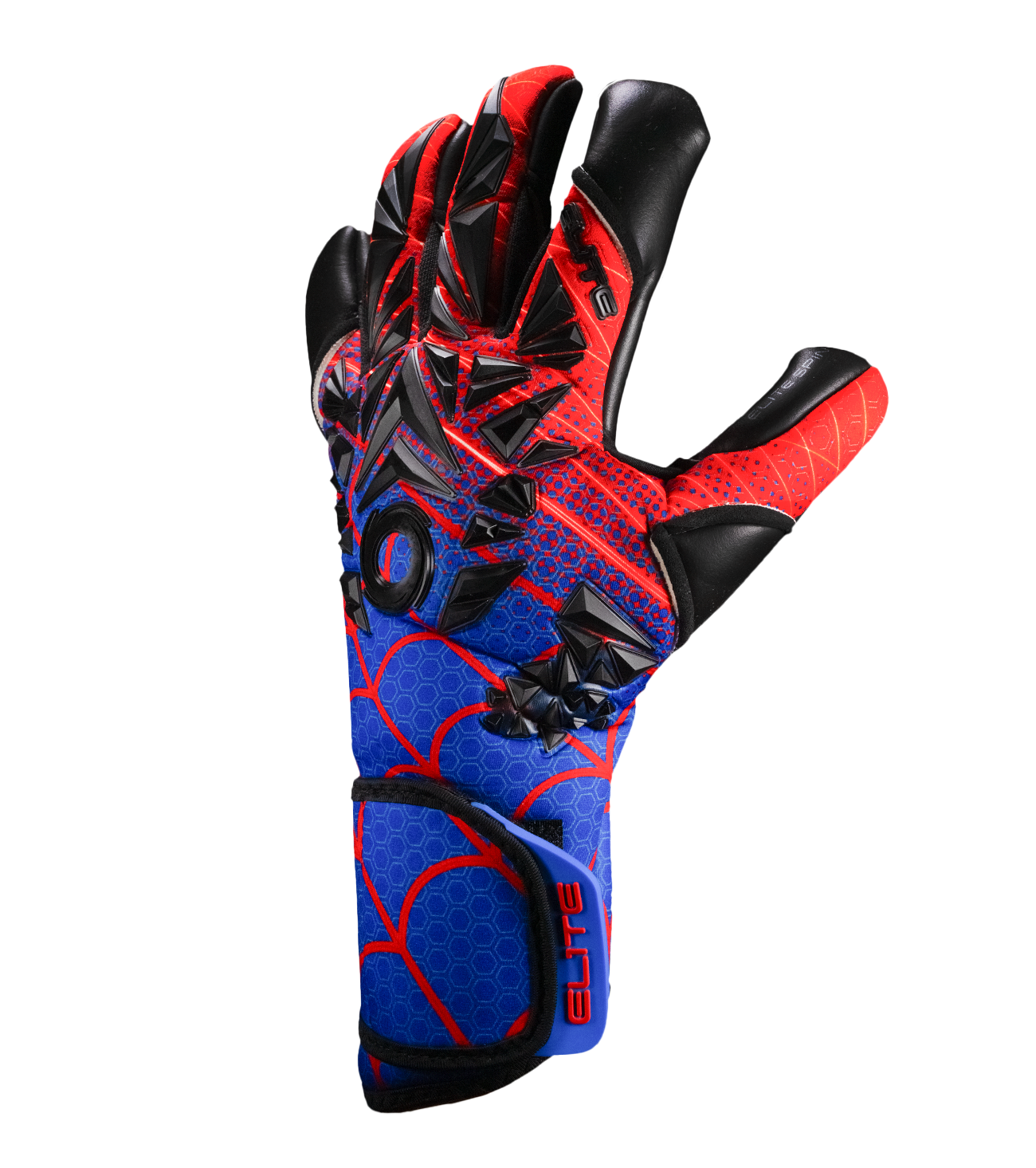 Guantes de portero de futbol Elite Sport SPIN, palma Centum+ de alto agarre, corte SpeedCut ajustado, dorso de neopreno con refuerzos, cierre elástico tipo segunda piel y diseño profesional para césped natural o sintético unokeeper azul y rojo spiderman.
