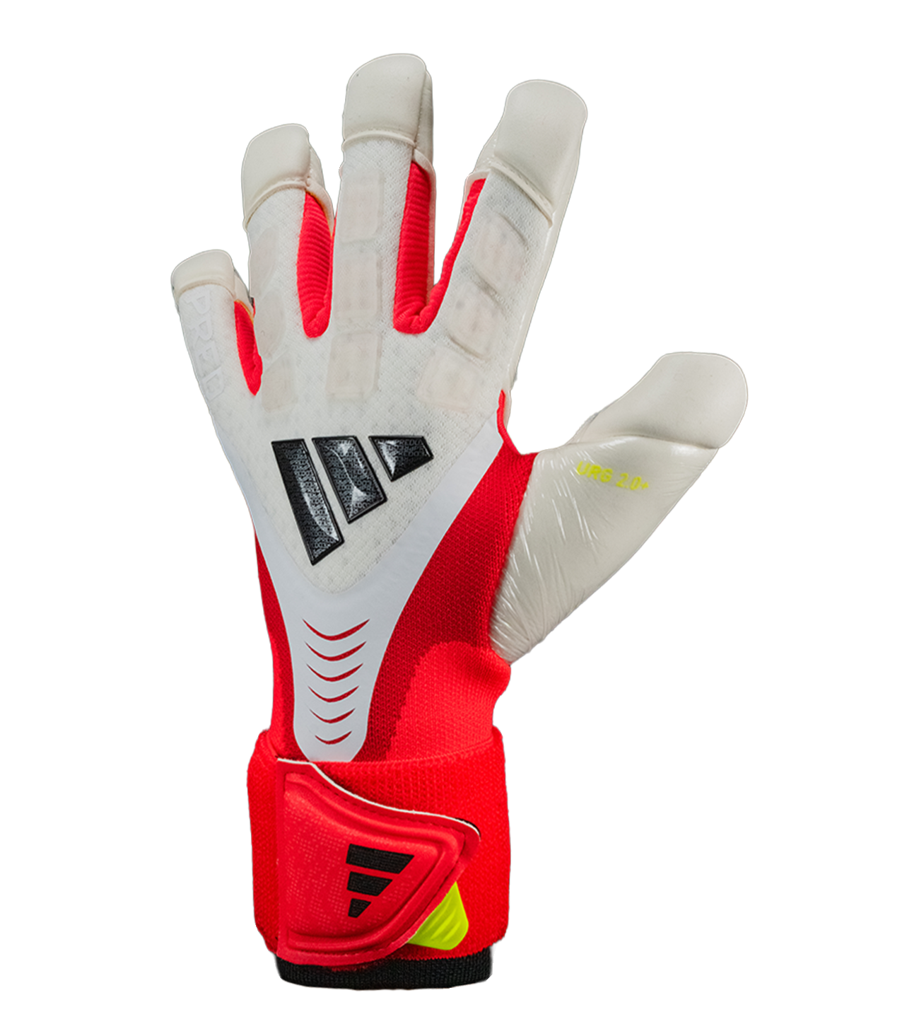Guantes de portero Adidas Predator GL Pro Hybrid Strap con tecnología URG 2.0+, diseño híbrido FusionMesh transpirable, correa elástica para ajuste seguro y TipGrip que mejora el control del balón, ideales para porteros que buscan agarre profesional, protección y máximo rendimiento en cualquier condición.