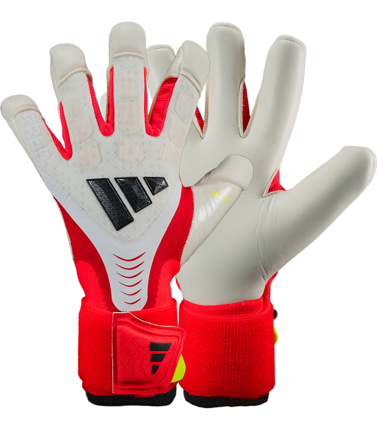 Guantes de portero Adidas Predator GL Pro Hybrid Strap con tecnología URG 2.0+, diseño híbrido FusionMesh transpirable, correa elástica para ajuste seguro y TipGrip que mejora el control del balón, ideales para porteros que buscan agarre profesional, protección y máximo rendimiento en cualquier condición.