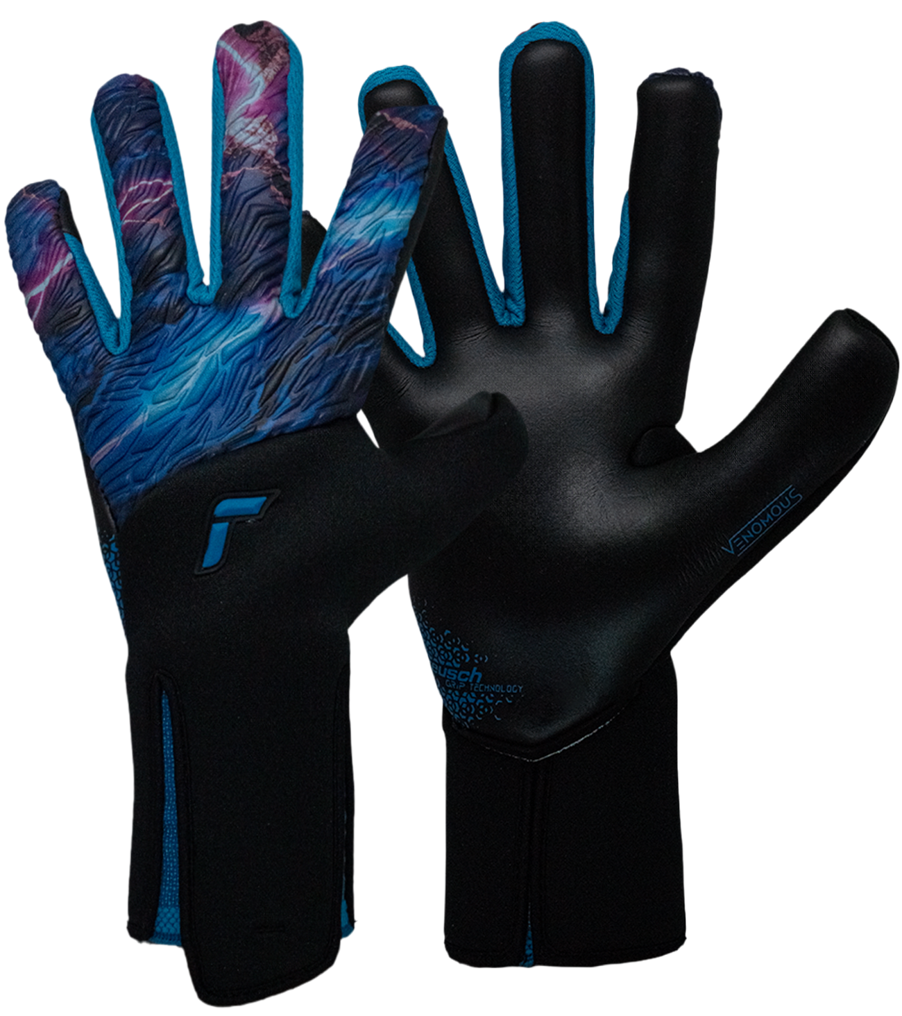 Guantes de portero Reusch Venomous Gold X Cosmic con palma Gold X de látex premium para agarre superior, corte Evolution preformado, dorso ventilado inspirado en reptiles y cierre AdaptiveFlex para ajuste seguro. Máximo control y durabilidad profesional.