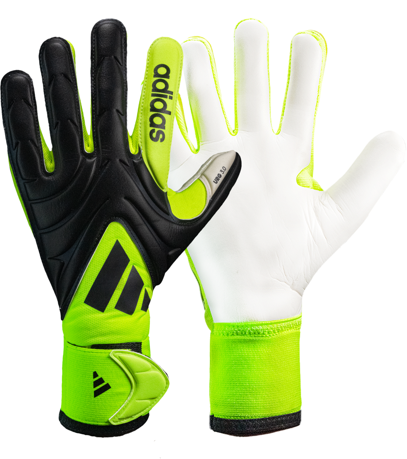 Guantes de portero Adidas Copa GL League JN5344 en color Black/Black/Lucid Lemon, con palma URG 3.0 de alto rendimiento, corte negativo ceñido para máxima sensibilidad, dorso de mechano y látex flexible, pulgar con refuerzo extendido y cierre de correa elástica de media envoltura para ajuste seguro y confort profesional.