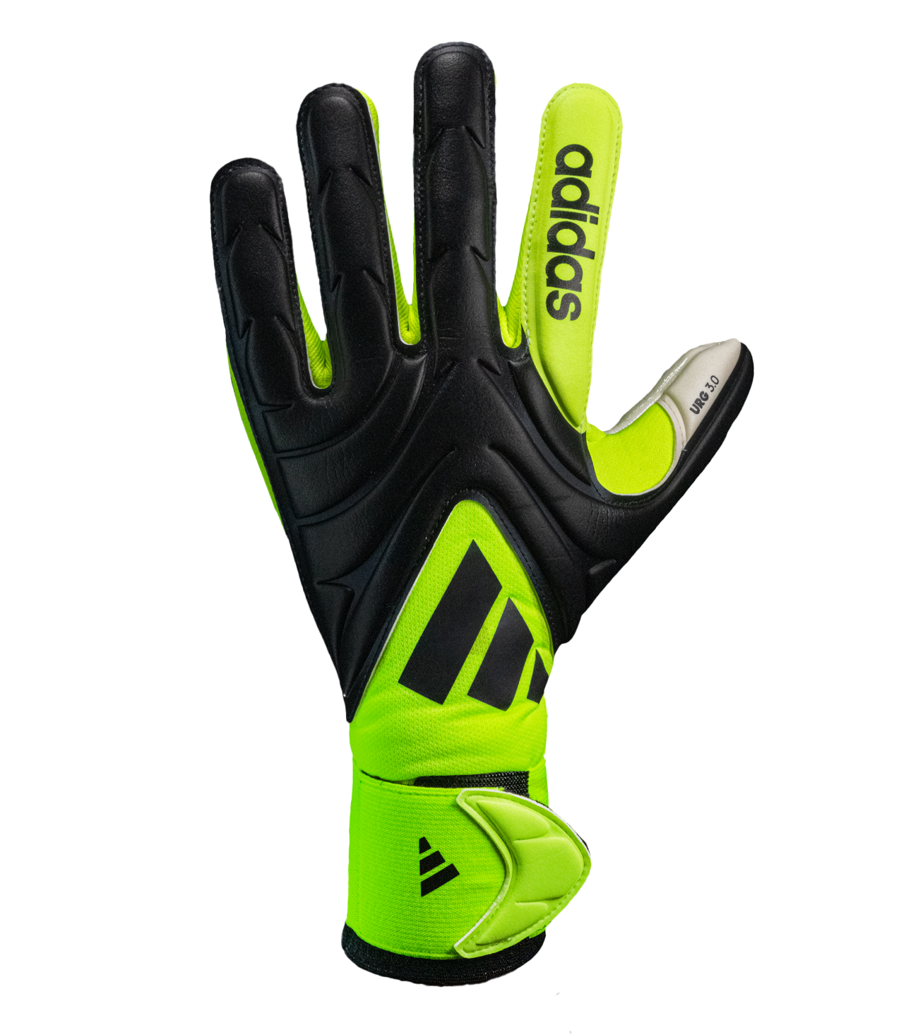 Guantes de portero Adidas Copa GL League JN5344 en color Black/Black/Lucid Lemon, con palma URG 3.0 de alto rendimiento, corte negativo ceñido para máxima sensibilidad, dorso de mechano y látex flexible, pulgar con refuerzo extendido y cierre de correa elástica de media envoltura para ajuste seguro y confort profesional.