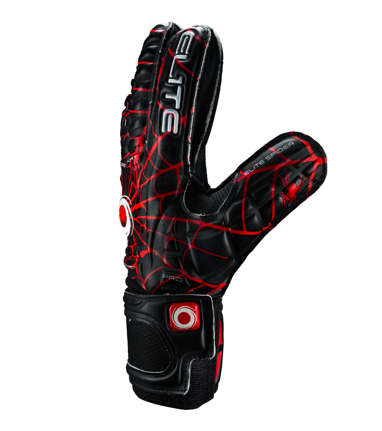 Guantes de portero de futbol para niños Elite Spider negro rojo spiderman, diseño ligero con palma de látex alemán, protección con varillas en los dedos, corte clásico, dorso transpirable y cierre elástico ajustable unokeeper.