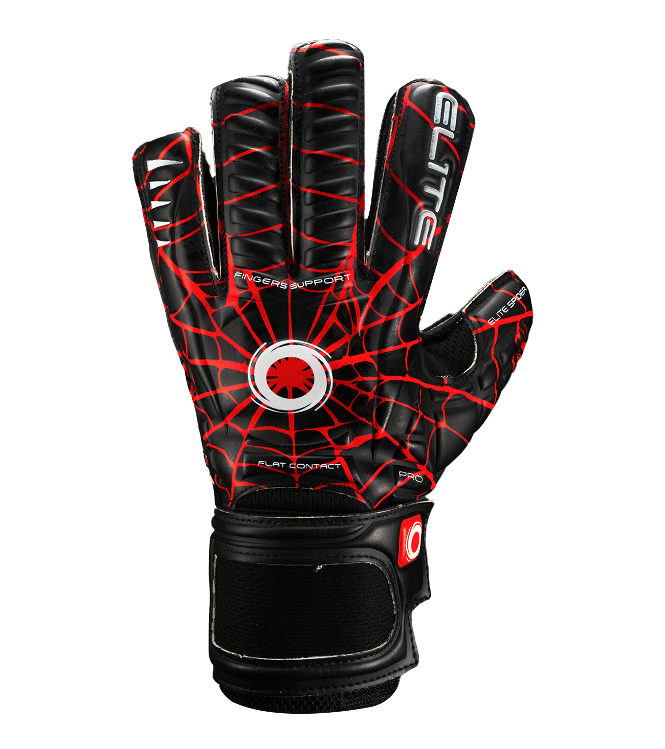 Guantes de portero de futbol para niños Elite Spider negro rojo spiderman, diseño ligero con palma de látex alemán, protección con varillas en los dedos, corte clásico, dorso transpirable y cierre elástico ajustable unokeeper.