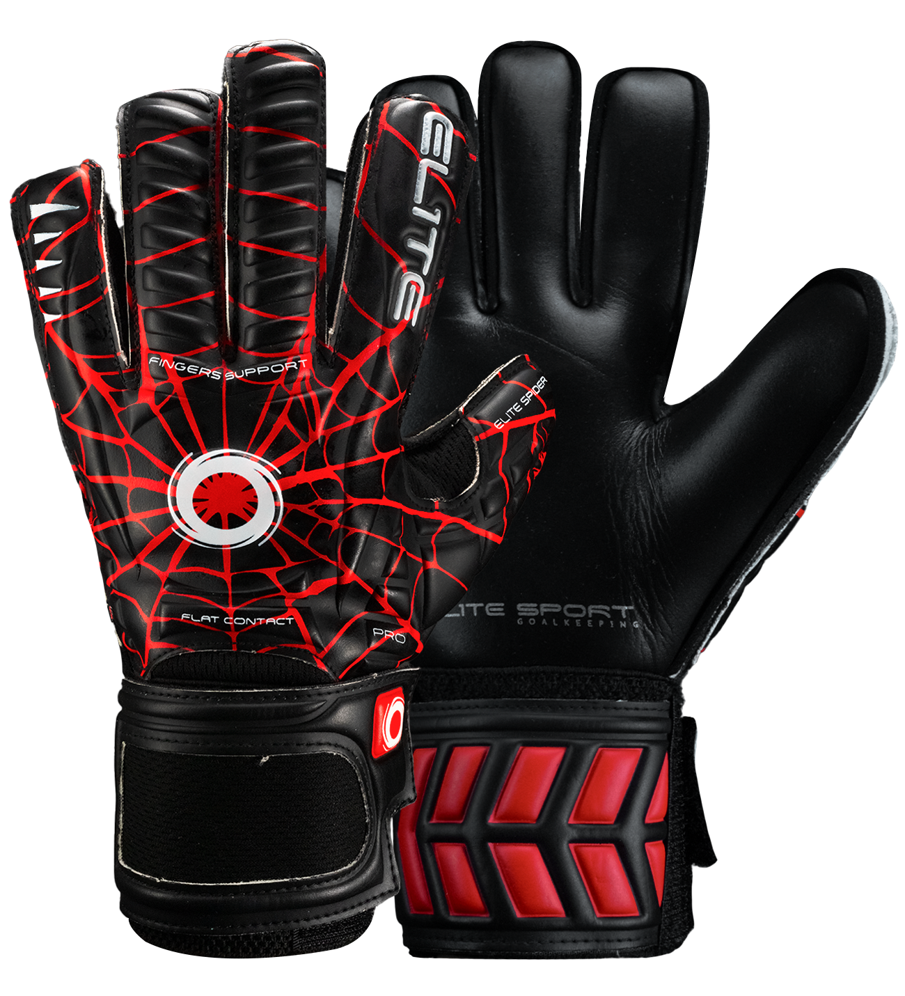 Guantes de portero de futbol para niños Elite Spider negro rojo spiderman, diseño ligero con palma de látex alemán, protección con varillas en los dedos, corte clásico, dorso transpirable y cierre elástico ajustable unokeeper.