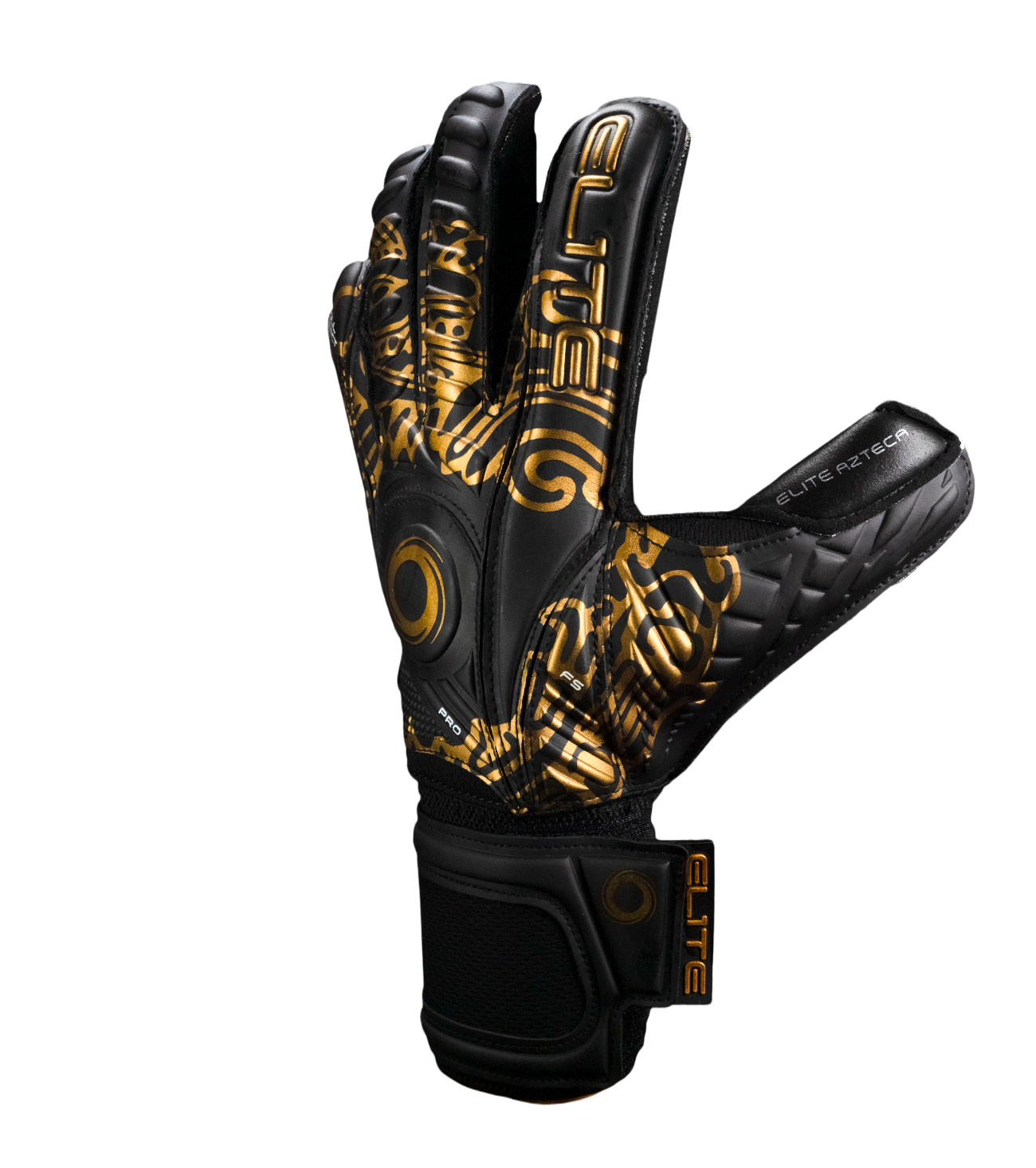 Guantes de portero de futbol Elite Sport Azteca Negro Dorado con palma de látex alemán ES-V, corte NRoll de ajuste ceñido, dorso reforzado con espuma, varillas removibles en los dedos y cierre elástico de 5 cm para soporte total unokeeper.