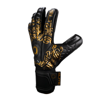 Guantes de portero de futbol Elite Sport Azteca Negro Dorado con palma de látex alemán ES-V, corte NRoll de ajuste ceñido, dorso reforzado con espuma, varillas removibles en los dedos y cierre elástico de 5 cm para soporte total unokeeper.