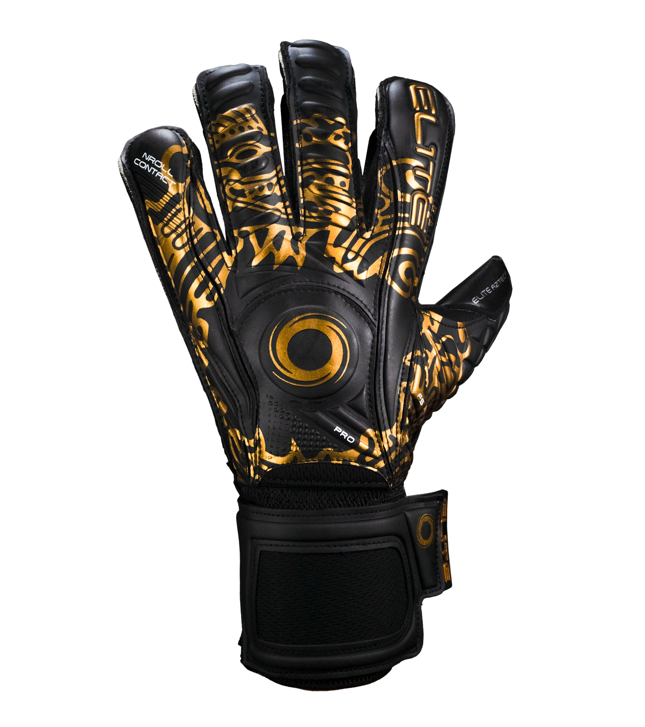 Guantes de portero de futbol Elite Sport Azteca Negro Dorado con palma de látex alemán ES-V, corte NRoll de ajuste ceñido, dorso reforzado con espuma, varillas removibles en los dedos y cierre elástico de 5 cm para soporte total unokeeper.