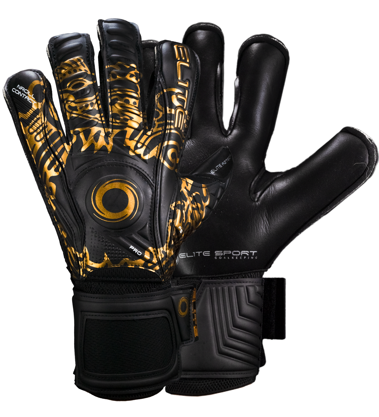 Guantes de portero Elite Sport Azteca con palma de látex alemán ES-V, corte NRoll de ajuste ceñido, dorso reforzado con espuma, varillas removibles en los dedos y cierre elástico de 5 cm para soporte total.