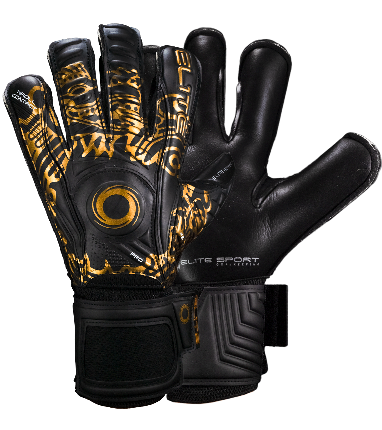Guantes de portero de futbol Elite Sport Azteca Negro Dorado con palma de látex alemán ES-V, corte NRoll de ajuste ceñido, dorso reforzado con espuma, varillas removibles en los dedos y cierre elástico de 5 cm para soporte total unokeeper.