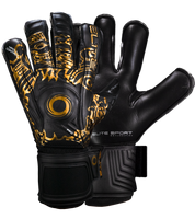 Guantes de portero de futbol Elite Sport Azteca Negro Dorado con palma de látex alemán ES-V, corte NRoll de ajuste ceñido, dorso reforzado con espuma, varillas removibles en los dedos y cierre elástico de 5 cm para soporte total unokeeper.