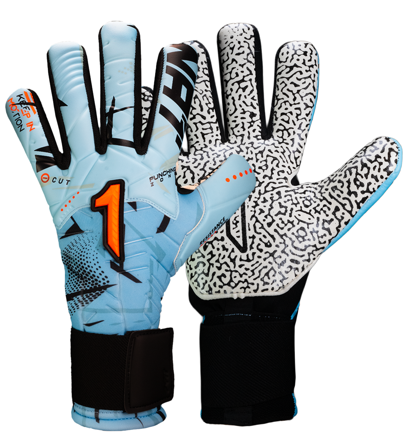 Guantes de portero Kratos SGR azul con blanco, corte negativo ergonómico, palma profesional SGR de alto agarre, dorso transpirable con efecto térmico y cierre híbrido con muñequera elástica y cintillo ajustable.