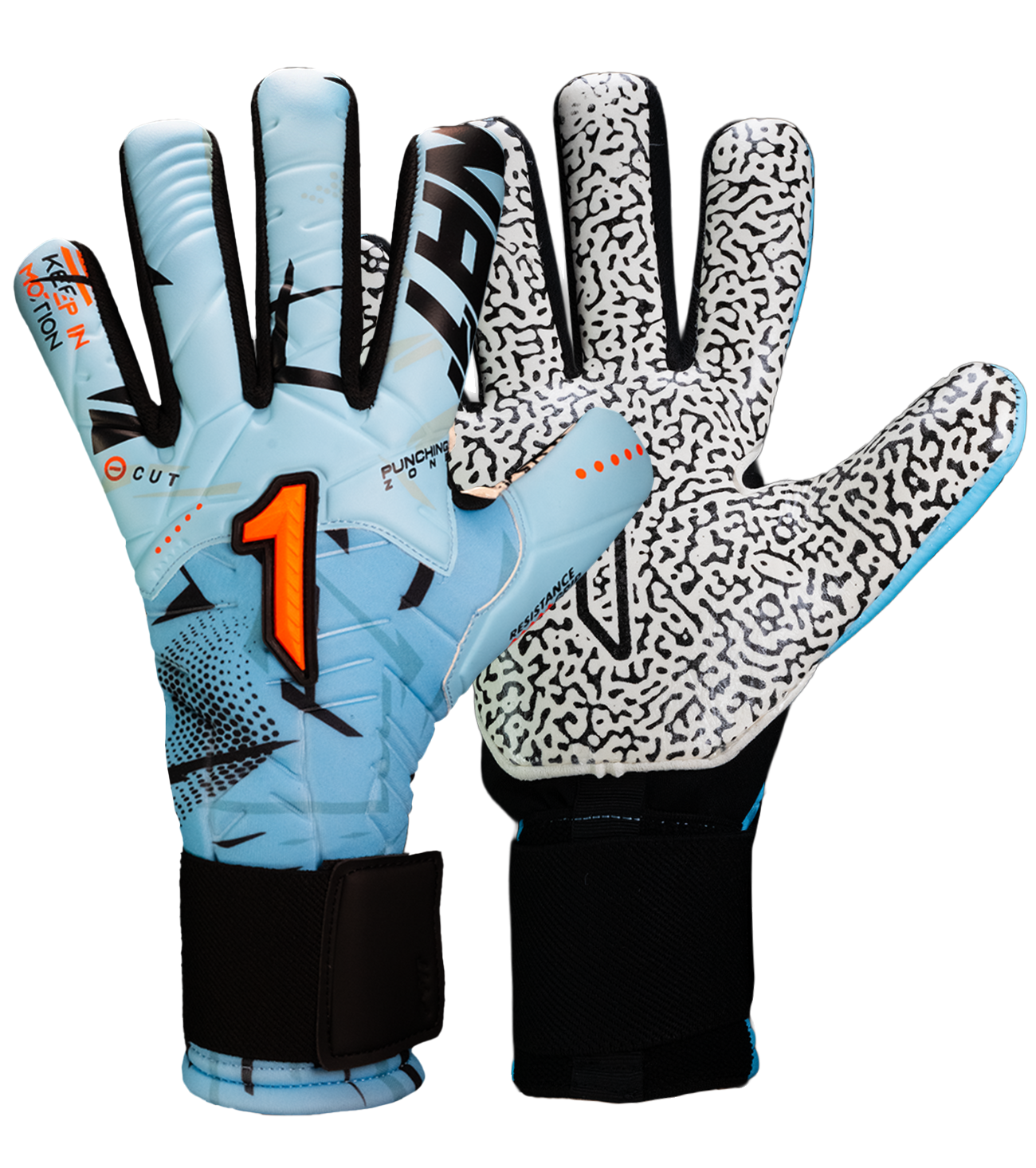 Guantes de portero de futbol Kratos SGR azul con blanco, corte negativo ergonómico, palma profesional SGR de alto agarre, dorso transpirable con efecto térmico y cierre híbrido con muñequera elástica y cintillo ajustable unokeeper.