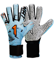 Guantes de portero de futbol Kratos SGR azul con blanco, corte negativo ergonómico, palma profesional SGR de alto agarre, dorso transpirable con efecto térmico y cierre híbrido con muñequera elástica y cintillo ajustable unokeeper.