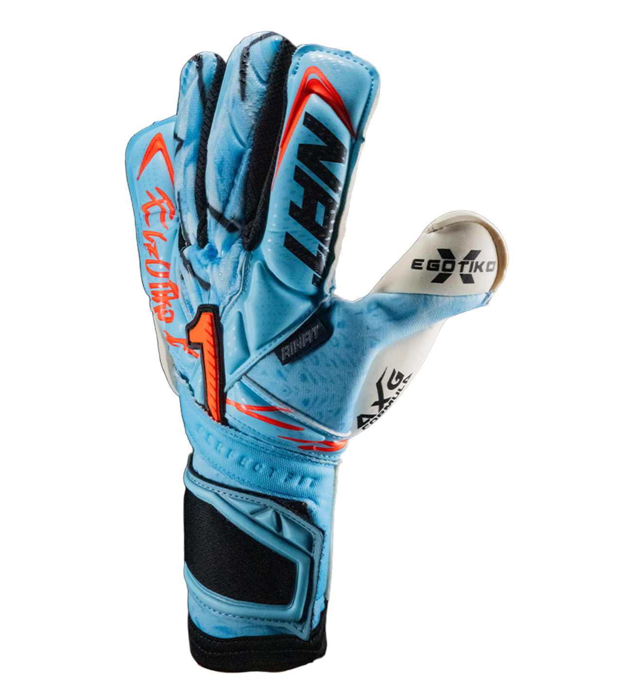Guantes de portero Rinat Egotiko X Pro Azul con palma AXG de alto agarre, corte EVO híbrido y dorso con aplicaciones de látex y gel. Ajuste seguro y comodidad profesional para cualquier condición.