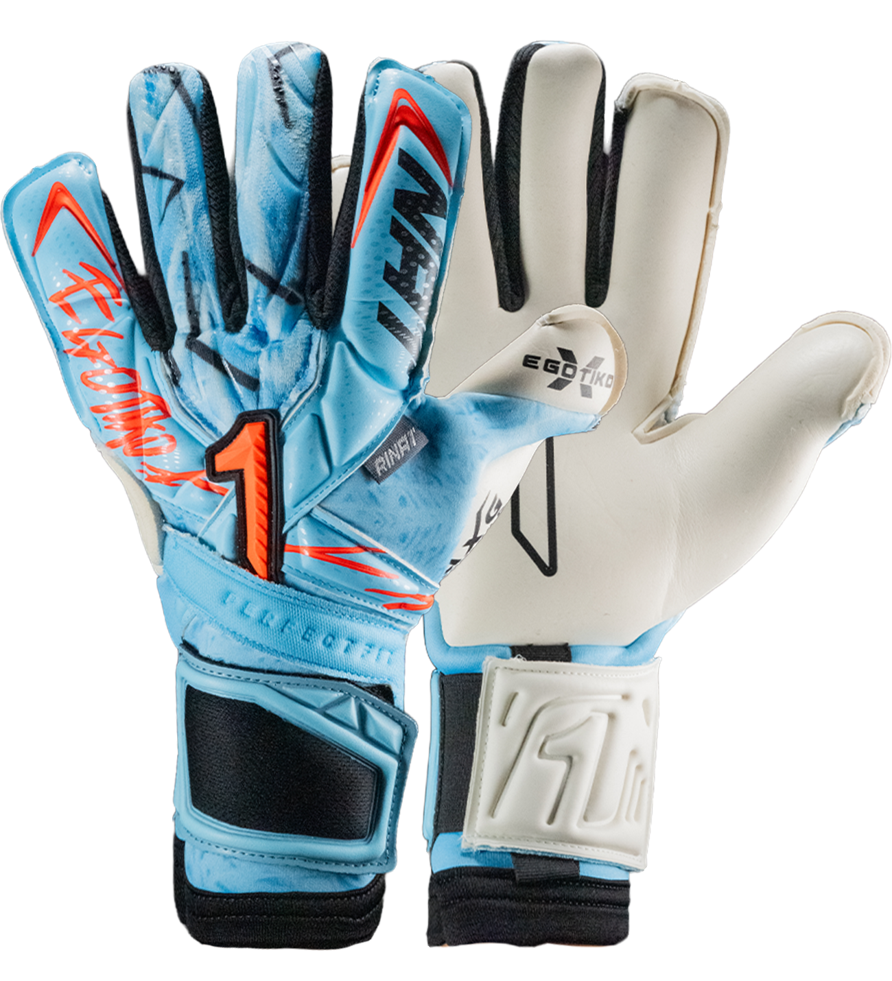 Guantes de portero Rinat Egotiko X Pro Azul con palma AXG de alto agarre, corte EVO híbrido y dorso con aplicaciones de látex y gel. Ajuste seguro y comodidad profesional para cualquier condición.