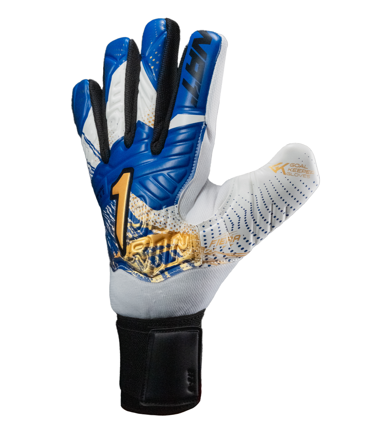 Oro con palma Gecko Grip de alto agarre, corte negativo y dorso con látex y paneles absorbentes. Ajuste seguro y rendimiento óptimo en entrenamientos y partidos.