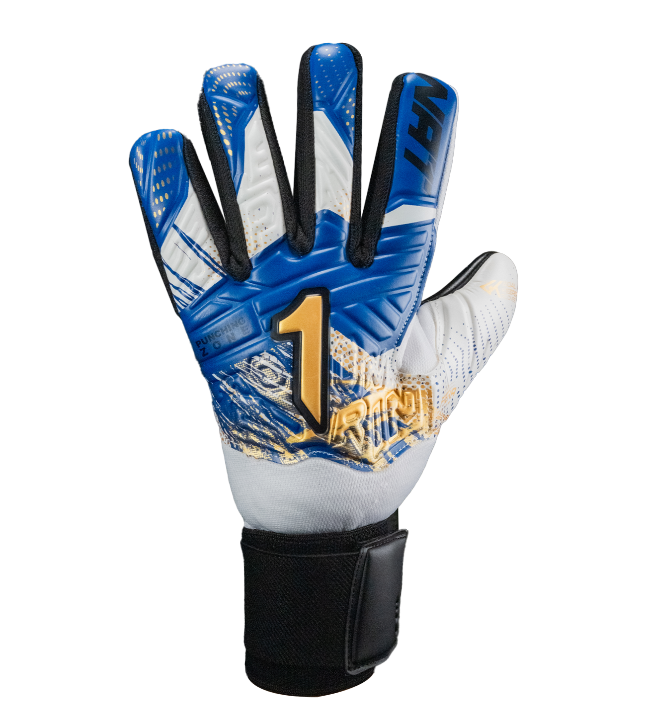Oro con palma Gecko Grip de alto agarre, corte negativo y dorso con látex y paneles absorbentes. Ajuste seguro y rendimiento óptimo en entrenamientos y partidos.