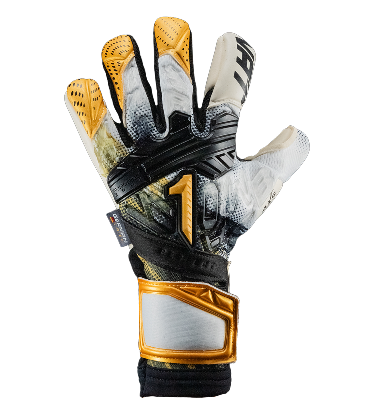 Oro con palma Traxion de alto agarre en húmedo, corte EVO Cut para ajuste preciso, dorso protegido y cierre elástico con doble cintillo. Ligereza, comodidad y control profesional en cada atajada.