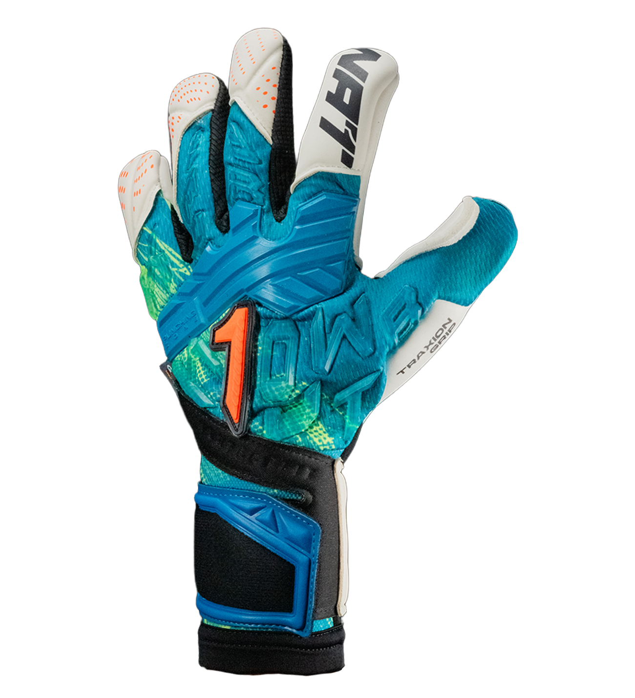 Blanco con palma Traxion de alto agarre en húmedo, corte EVO Cut para ajuste preciso, dorso protegido y cierre elástico con doble cintillo. Ligereza, comodidad y control profesional en cada atajada.