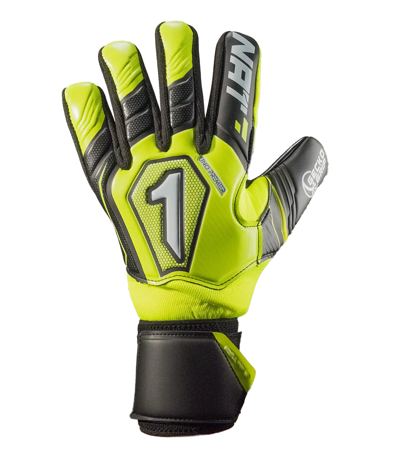 Guantes de portero Rinat Uno Premier Training amarillo neón/negro — dorso del guante | UnoKeeper