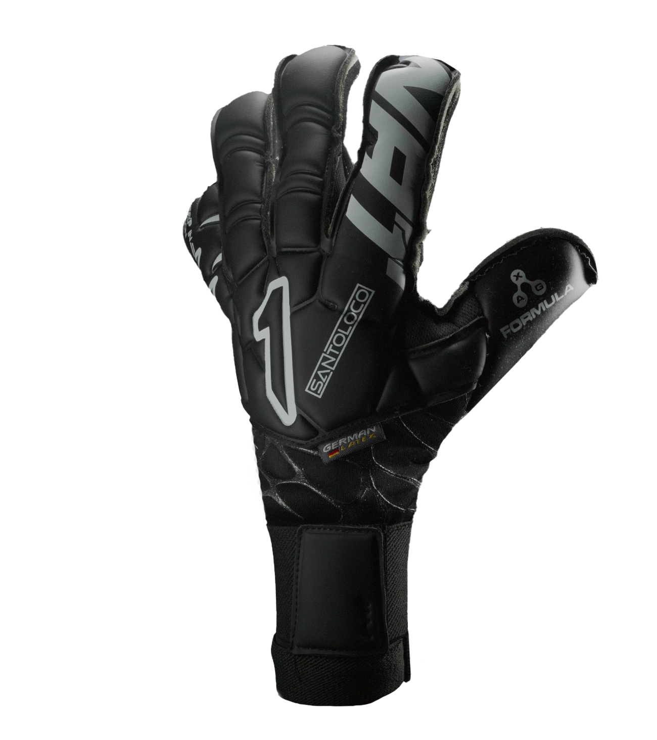 Guantes de portero de fútbol Santoloco Alpha con palma AXG de alto desempeño, corte Ergoroll ergonómico, dorso de látex natural con refuerzo en nudillos y cierre elástico de dos piezas para máximo ajuste y control. Disponibles en UnoKeeper.