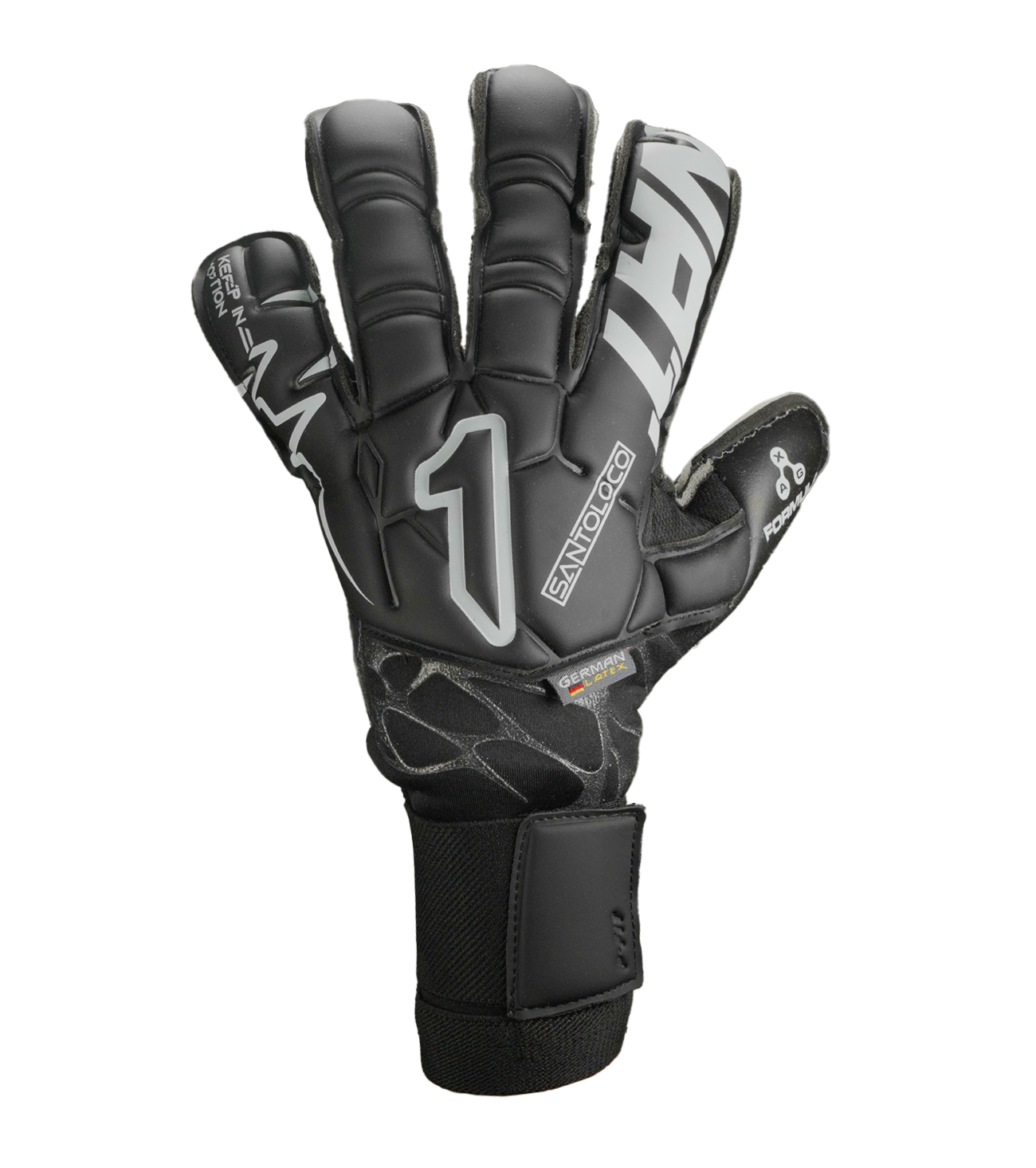 Guantes de portero de fútbol Santoloco Alpha con palma AXG de alto desempeño, corte Ergoroll ergonómico, dorso de látex natural con refuerzo en nudillos y cierre elástico de dos piezas para máximo ajuste y control. Disponibles en UnoKeeper.