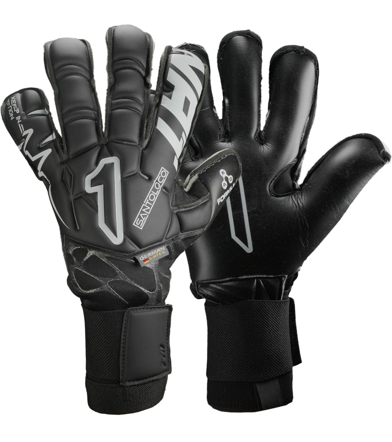 Guantes de portero de fútbol Santoloco Alpha con palma AXG de alto desempeño, corte Ergoroll ergonómico, dorso de látex natural con refuerzo en nudillos y cierre elástico de dos piezas para máximo ajuste y control. Disponibles en UnoKeeper.