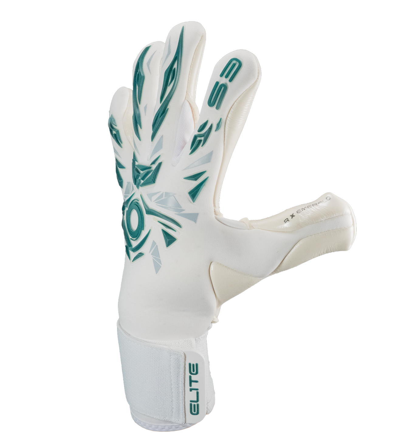 Guantes de portero Elite Revolution X Esmerald con palma Ultra GTech Pro de 4 mm para agarre profesional, corte Flash X negativo con ajuste preciso, dorso Hybrid CR con goma 3D para protección y flexibilidad, ideales para competir en cualquier condición climática.