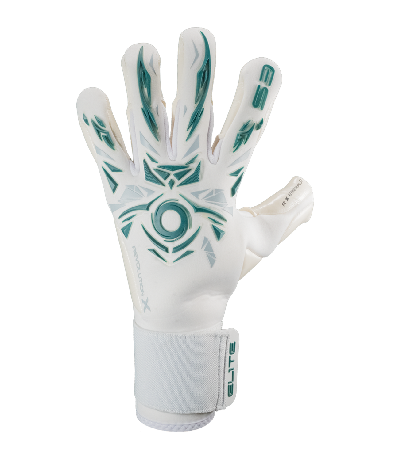 Guantes de portero Elite Revolution X Esmerald con palma Ultra GTech Pro de 4 mm para agarre profesional, corte Flash X negativo con ajuste preciso, dorso Hybrid CR con goma 3D para protección y flexibilidad, cualquier condición climática.