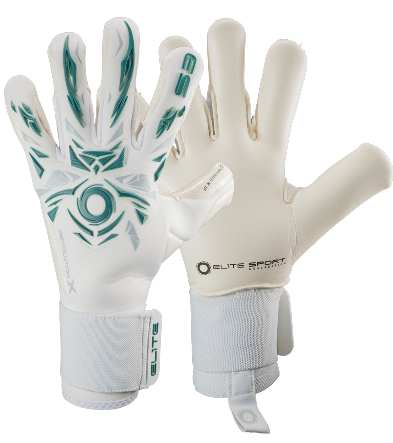Guantes de portero Elite Revolution X Esmerald con palma Ultra GTech Pro de 4 mm para agarre profesional, corte Flash X negativo con ajuste preciso, dorso Hybrid CR con goma 3D para protección y flexibilidad, cualquier condición climática.