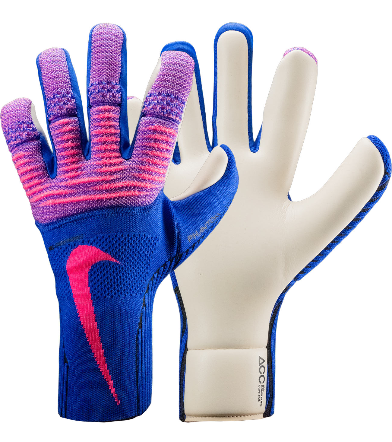 Guantes de portero Nike Phantom Dynamic Fit con palma Contact Plus de 4 mm y tecnología ACC para máximo agarre en seco y mojado, corte híbrido negativo Grip3 para ajuste preciso y dorso GripKnit flexible. Control y rendimiento profesional en cualquier condición.