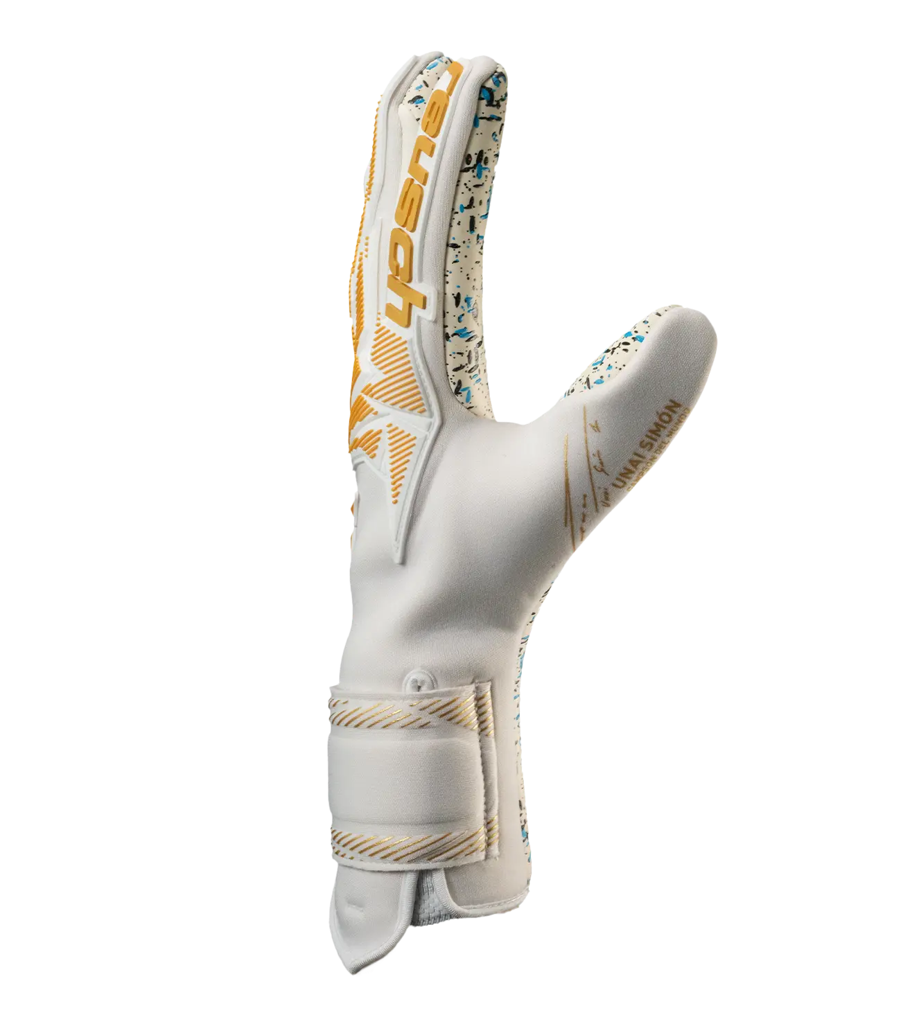 Guantes de portero Reusch Unai World Champion Glove blanco/dorado — vista lateral | UnoKeeper