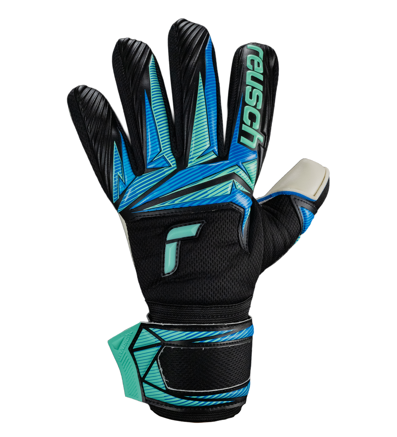 Guantes de portero Reusch Attrakt Re Grip NC Black Ocean Light con látex RE:GRIP de doble capa para agarre duradero, corte negativo de ajuste ceñido, dorso ergonómico transpirable y cierre con correa completa para estabilidad y rendimiento constante.
