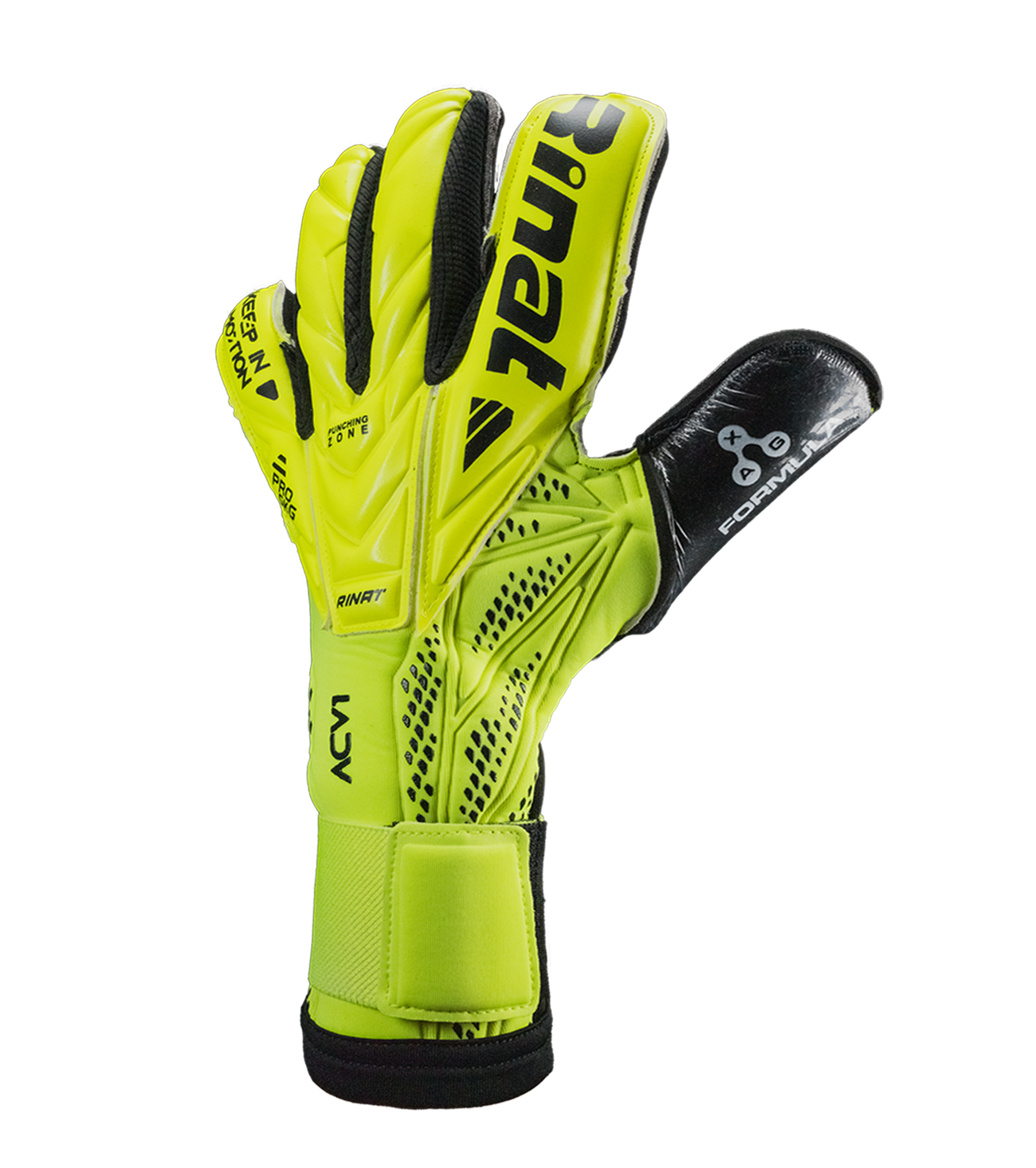 Guantes de portero Rinat ACV1 Pro edición Carlos Acevedo con palma AXG de agarre profesional y gran durabilidad, corte híbrido negativo-rollfinger con pulgar envuelto para mayor control, dorso semi armado y cierre elástico ajustable. Precisión y seguridad para alto rendimiento.