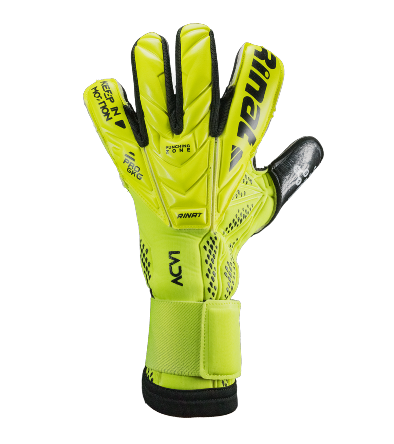 Guantes de portero Rinat ACV1 Pro edición Carlos Acevedo con palma AXG de agarre profesional y gran durabilidad, corte híbrido negativo-rollfinger con pulgar envuelto para mayor control, dorso semi armado y cierre elástico ajustable. Precisión y seguridad para alto rendimiento.